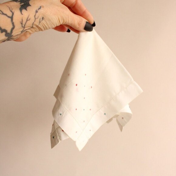 Vintage Handkerchief, White Linen with Pink and Blue Swiss Dots Embroidered - Picture 3 of 10